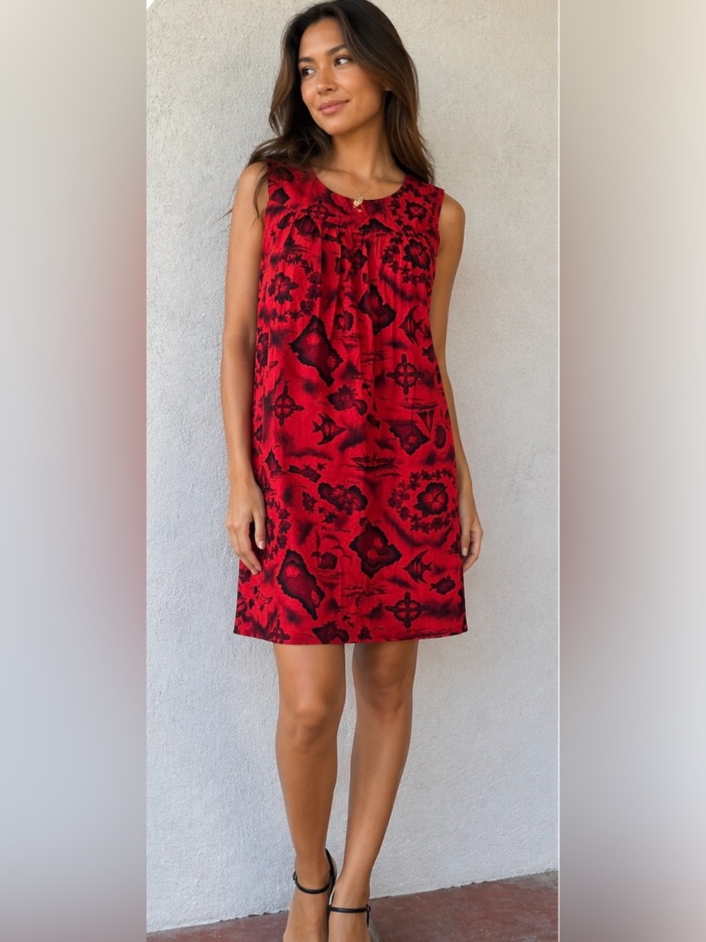 VINTAGE 1970s UI-MAIKAI Red Hawaiian Map Print Cotton Mumu Midi Dress Sz S